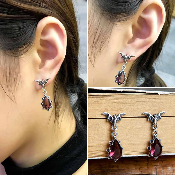 Gothic hanging bat earrings with red ruby stones-5