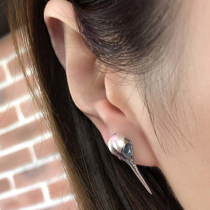 Bird Skull Earrings | Punk 925 Silver Studs by Demonmirror-7