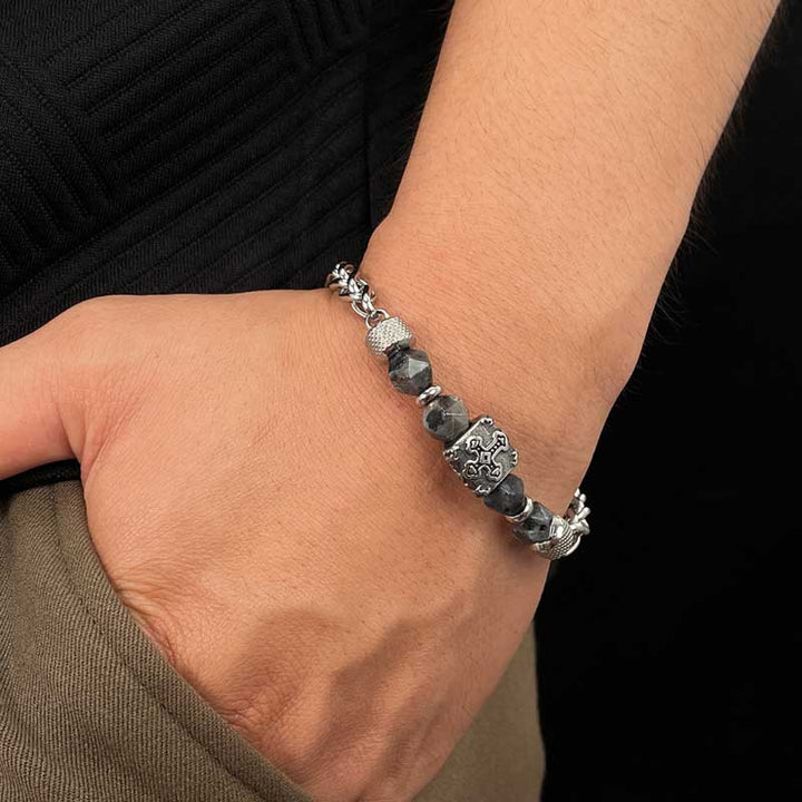 Stainless Steel Mens Bracelet | Cross Beads & Grey Natural Stones by Demonmirror-2
