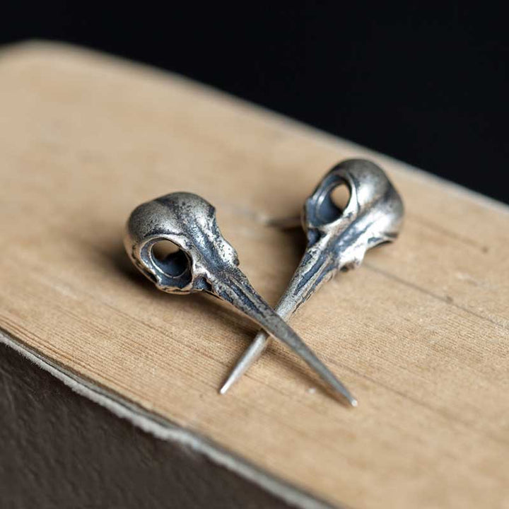 Bird Skull Earrings | Punk 925 Silver Studs by Demonmirror-2