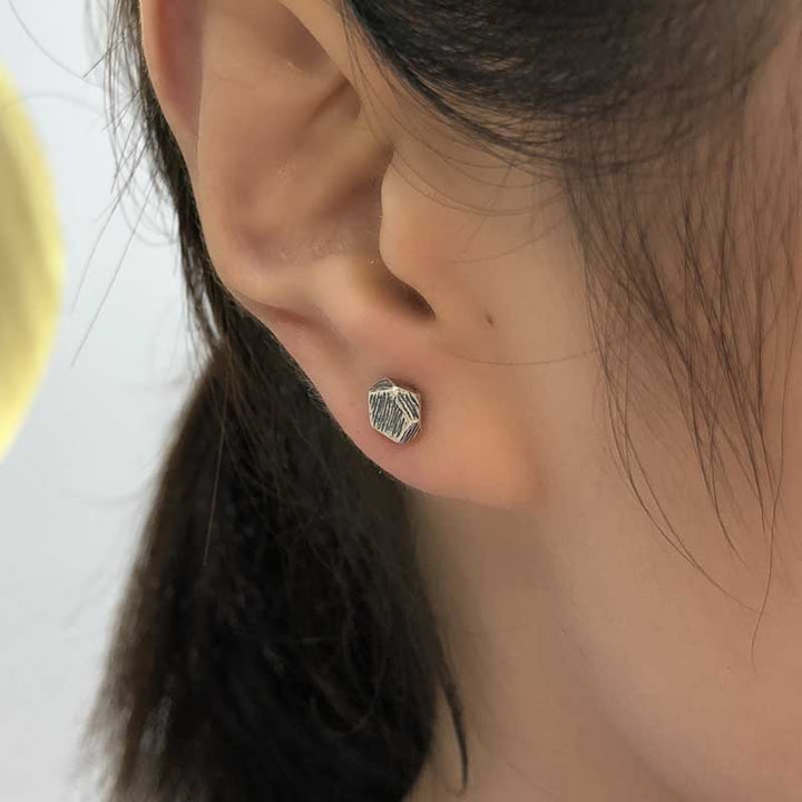 925 Silver Earrings | Scratched Pentagon Studs by Demonmirror-6