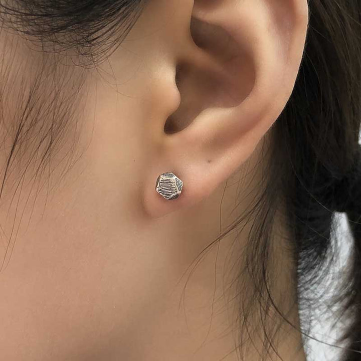 925 Silver Earrings | Scratched Pentagon Studs by Demonmirror-7
