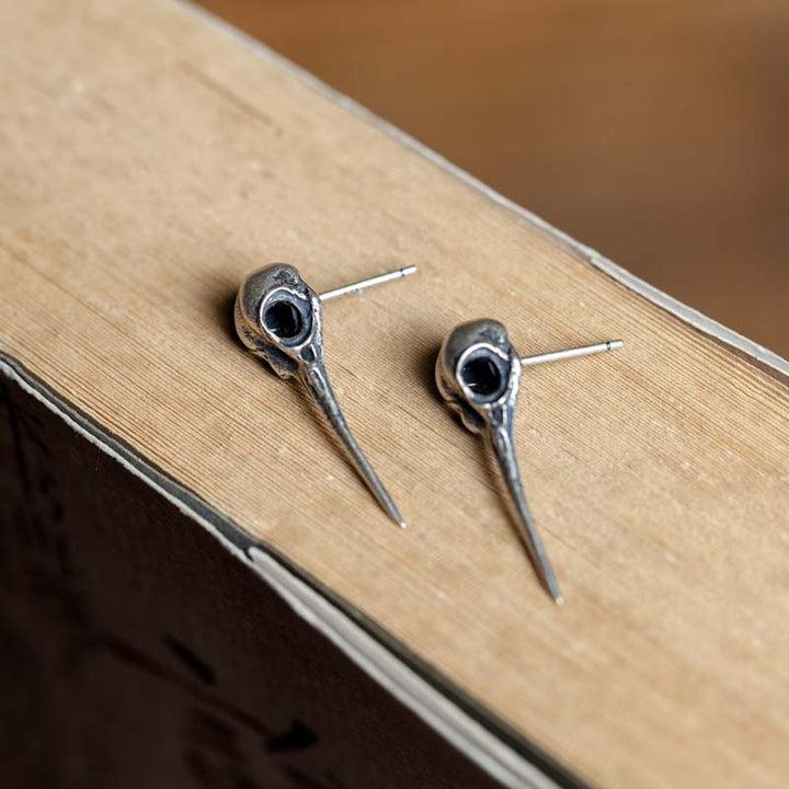 Bird Skull Earrings | Punk 925 Silver Studs by Demonmirror-4
