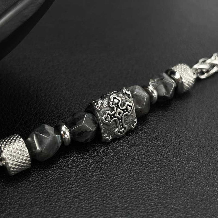 Stainless Steel Mens Bracelet | Cross Beads & Grey Natural Stones by Demonmirror-5